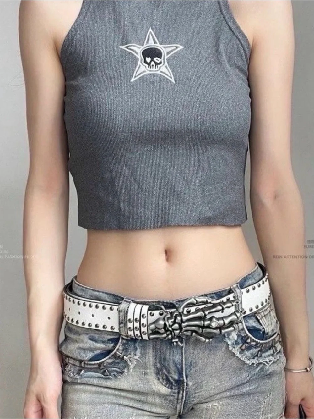 White Studded Men’s Belt with Black Skeleton Hand Buckle